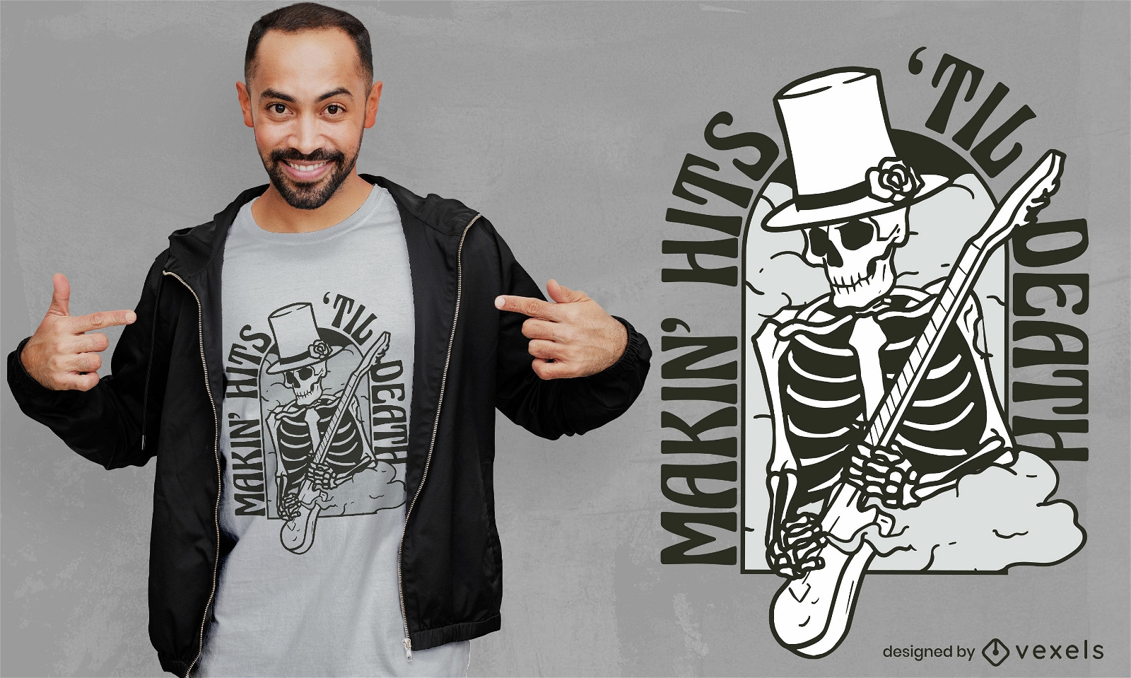 Design de camiseta com esqueleto para guitarrista