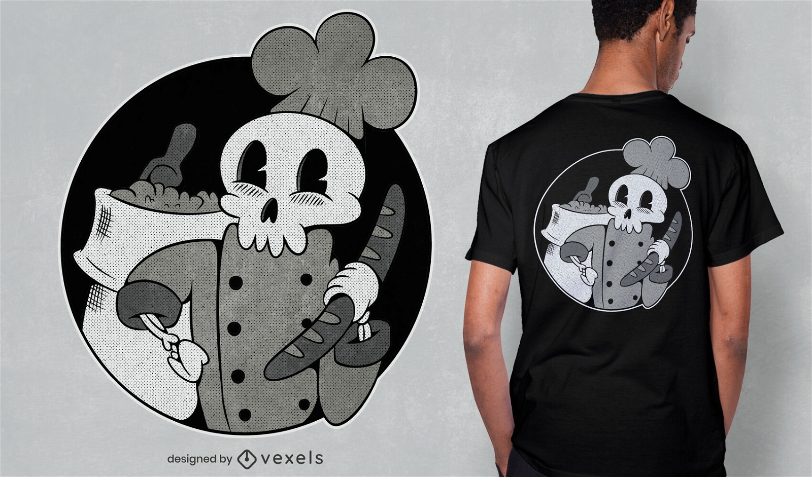 Desenho de t-shirt retro dos desenhos animados do padeiro esqueleto