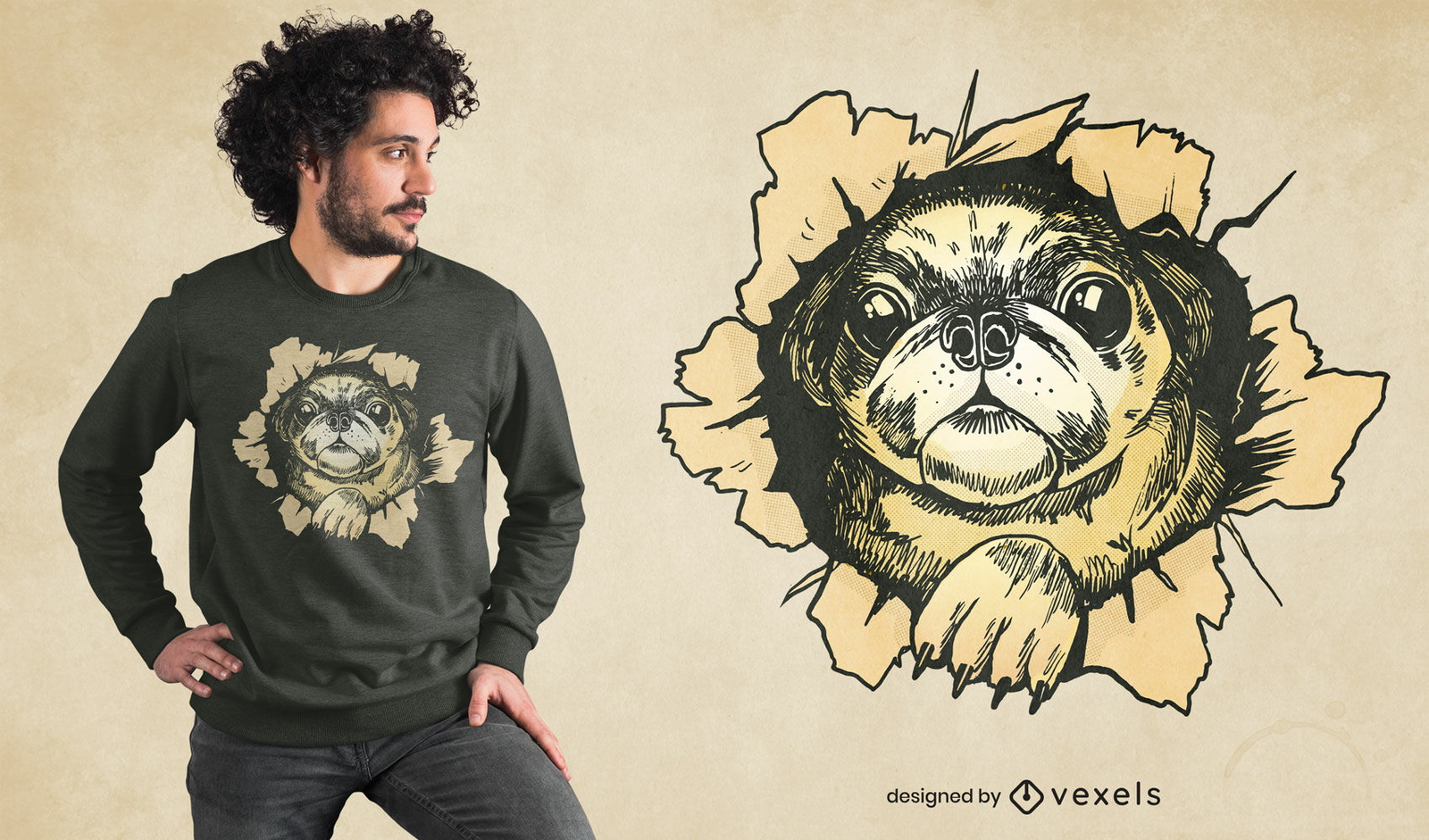 Diseño de camiseta de pared rasgada de perro Pug