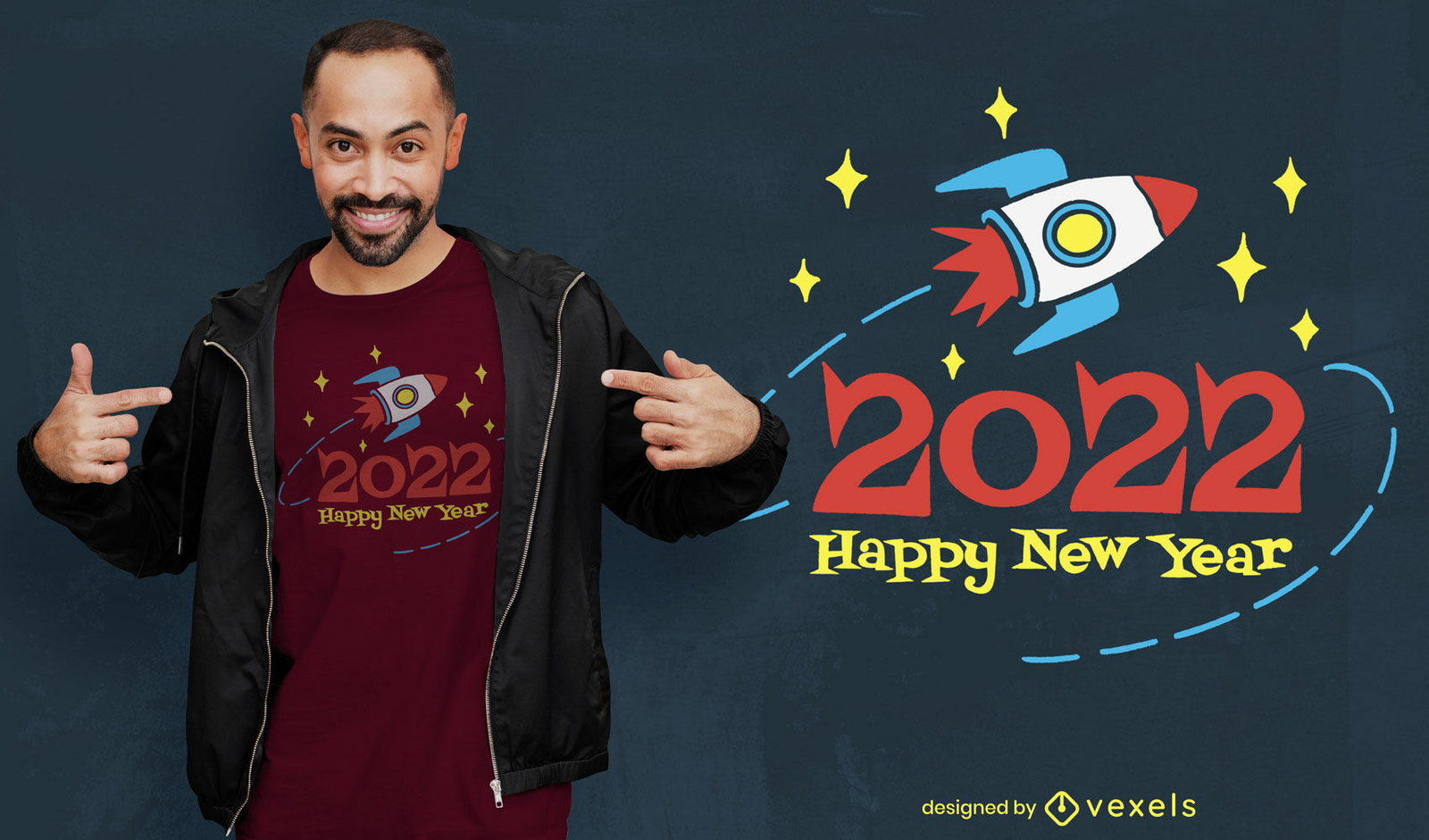 Diseño de camiseta de cohete feliz año nuevo 2022