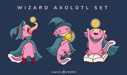 Conjunto de personagens mágicos de animais axolotl assistente