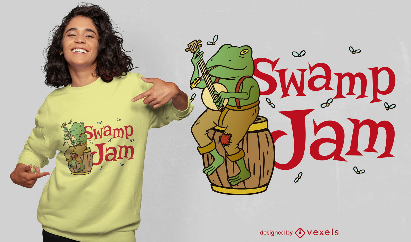 Frog playing banjo cartoon t-shirt design