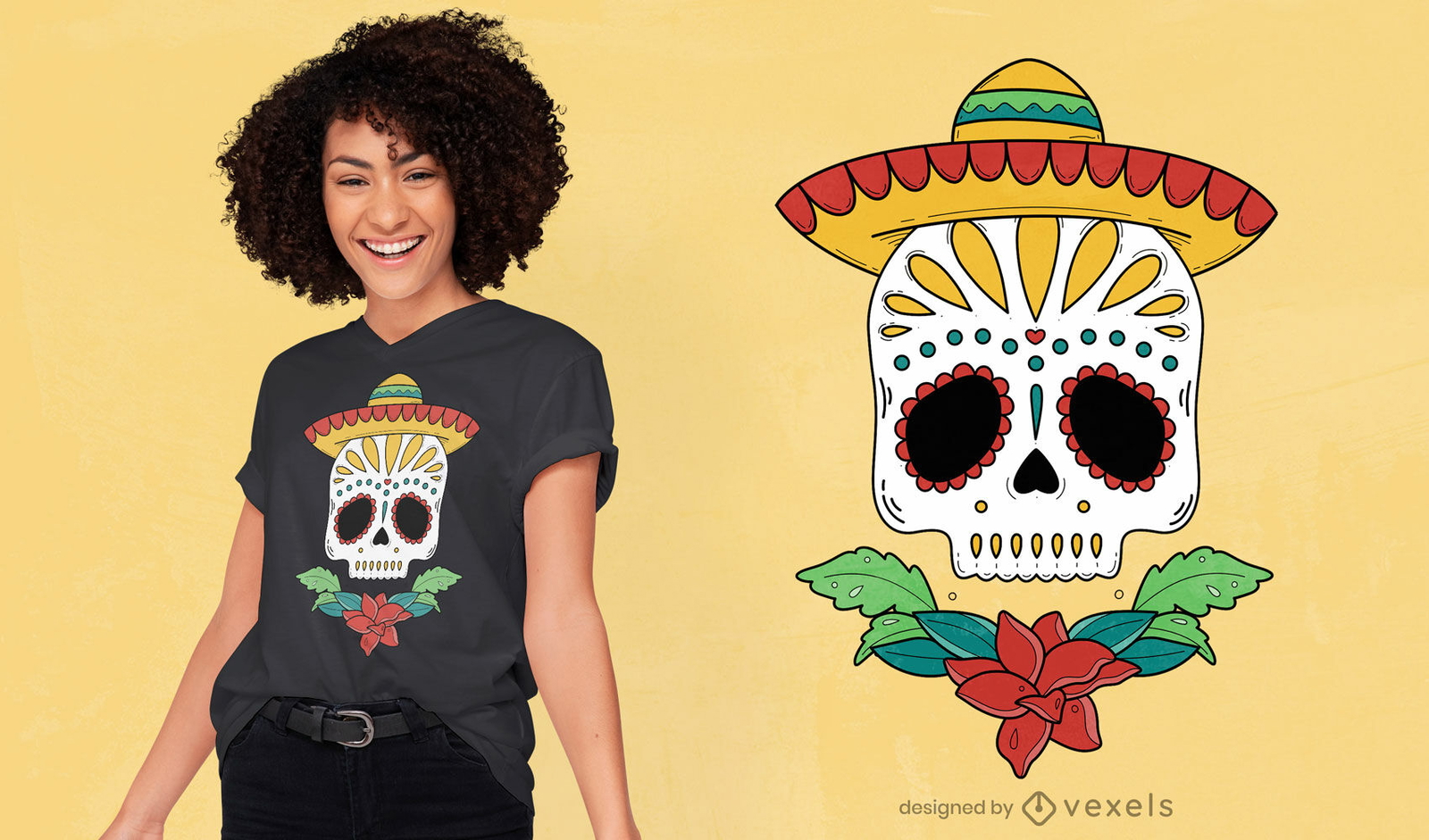 Diseño de camiseta de calavera de azúcar del día de los muertos.