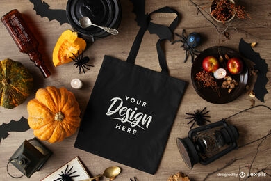 Schwarze Einkaufstasche Halloween Komposition Mockup