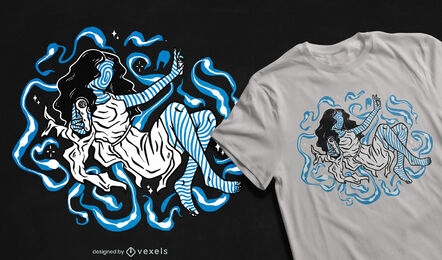 Blaues psychedelisches T-Shirt mit trippiger Frau