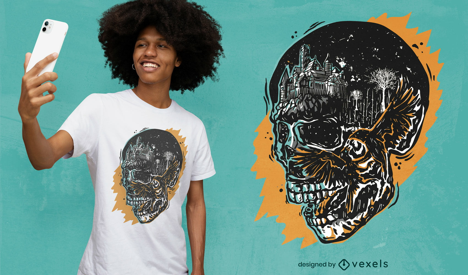 Diseño de camiseta con ilustración de cuervo en cráneo