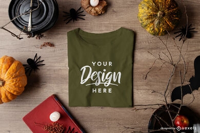 Green folded t-shirt mockup in halloween composition