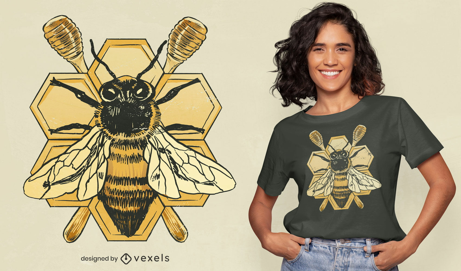 Diseño detallado de camiseta de miel de insecto de abeja.