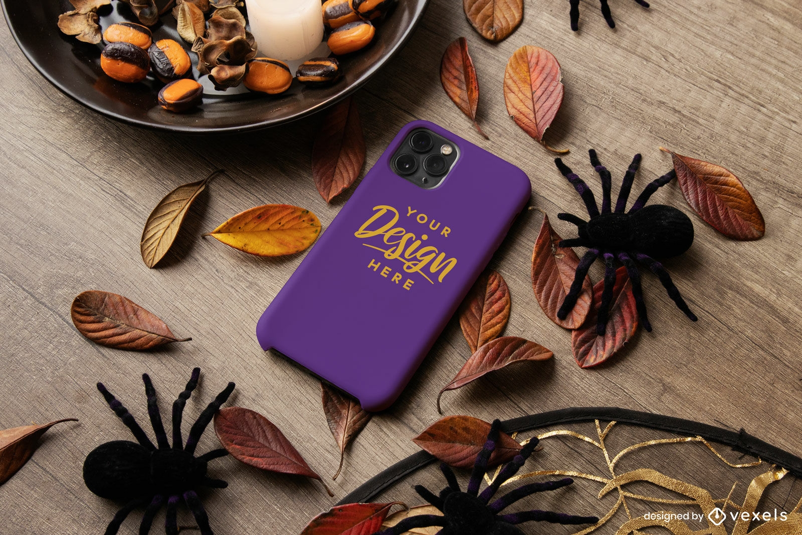 Purple phone case in halloween composition mockup