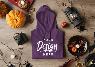 Sudadera con capucha morada en maqueta de composición de halloween