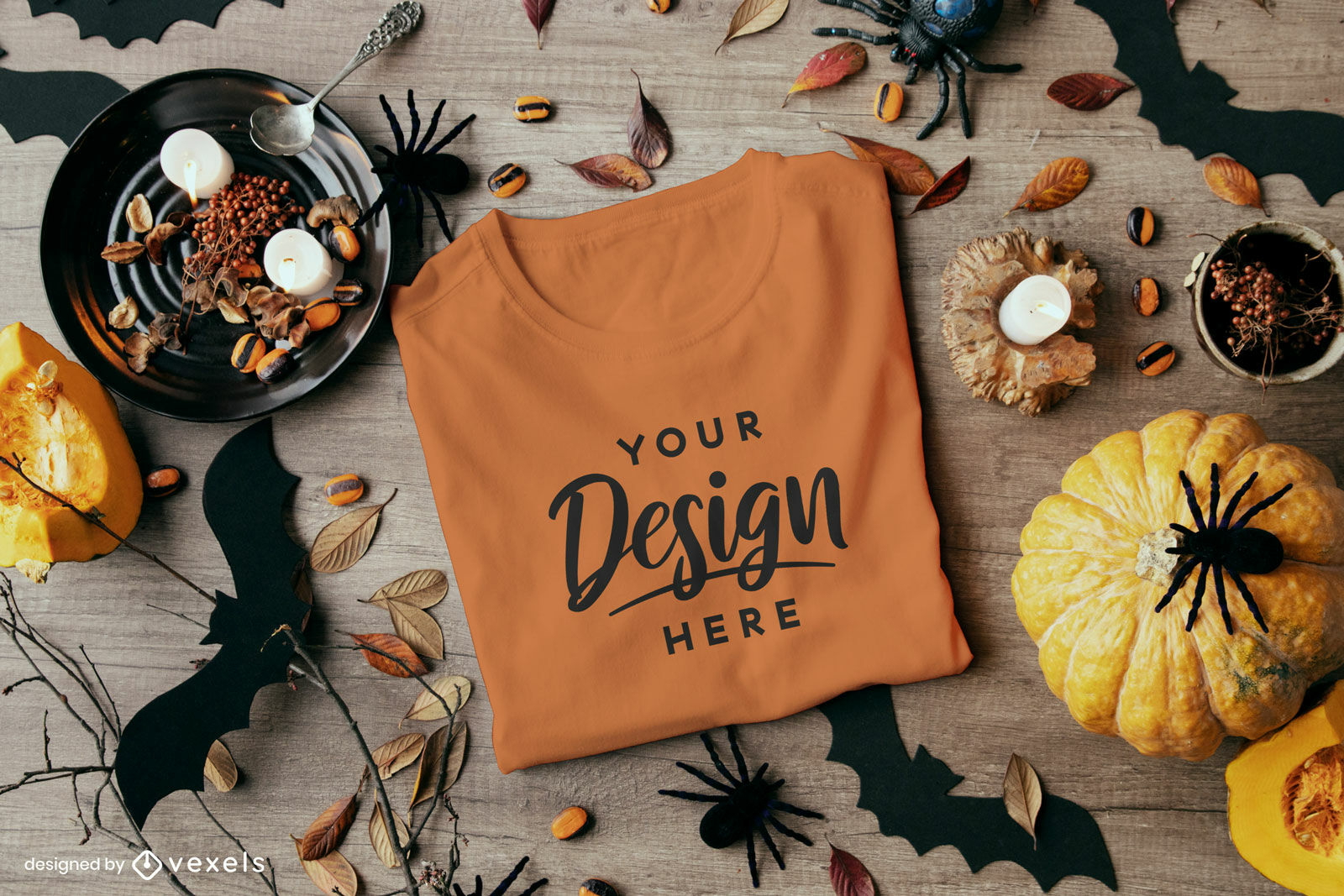 Orange t-shirt in halloween composition mockup