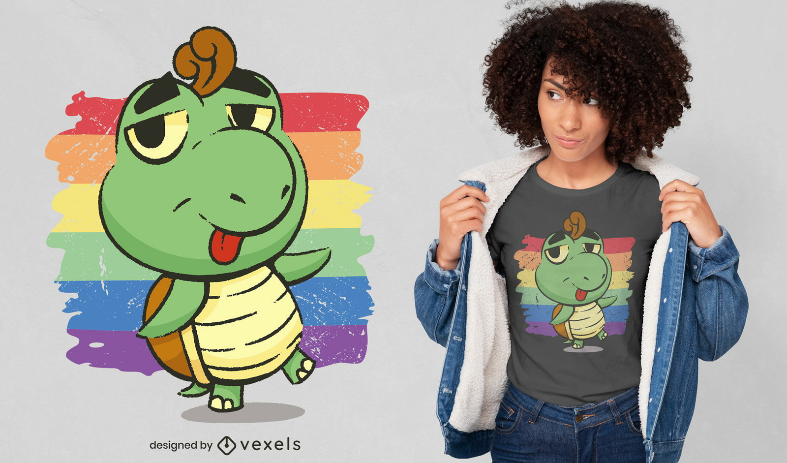 Diseño de camiseta de dibujos animados de tortugas y arcoiris.