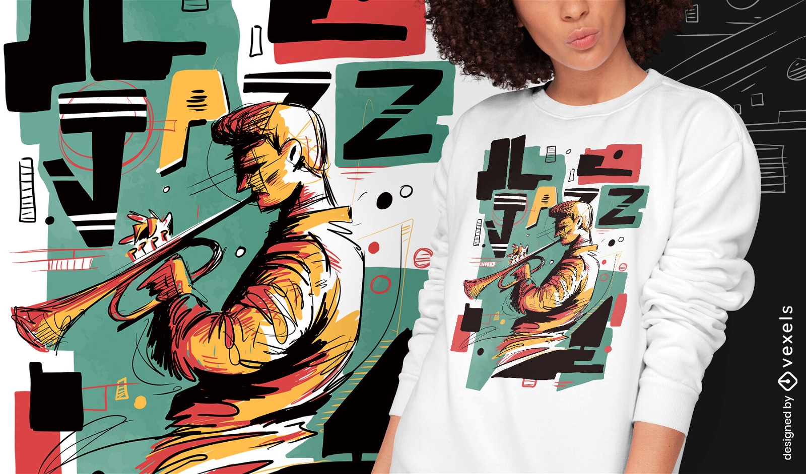 Diseño de camiseta psd abstracto de músico de jazz