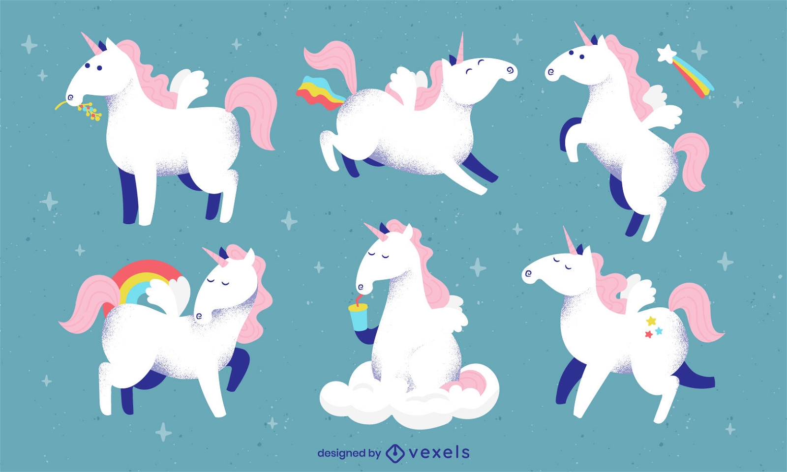 Conjunto de dibujos animados mágicos de criaturas de unicornio feliz