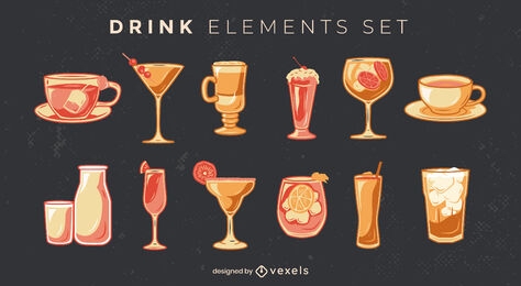 Conjunto de elementos de cócteles y refrescos.