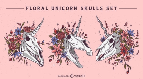Conjunto de naturaleza muerta de unicornio floral skuls