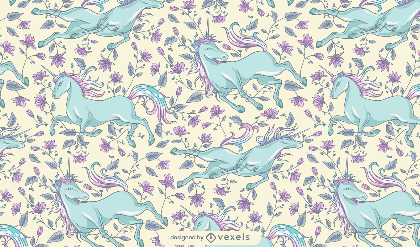 Diseño de patrón floral de unicornio corriendo