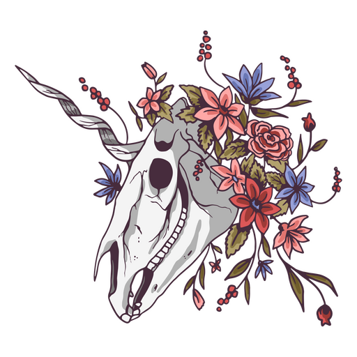 Calavera de unicornio floral Diseño PNG