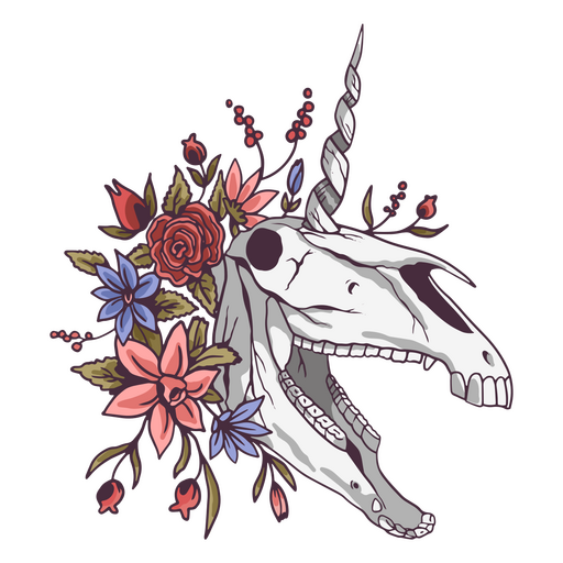 Floral unicorn skull open mouth PNG Design