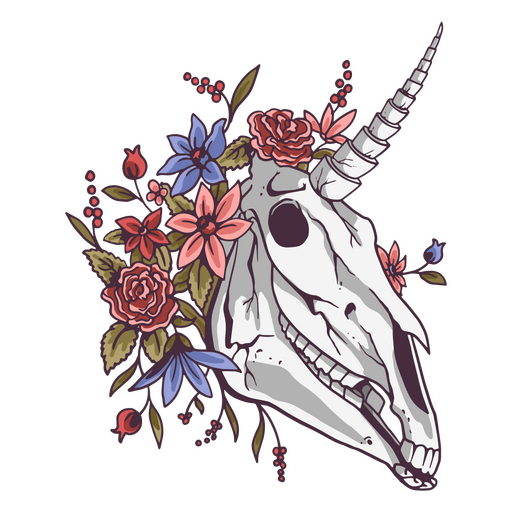 Detailed unicorn skull with floral arrangement PNG Design