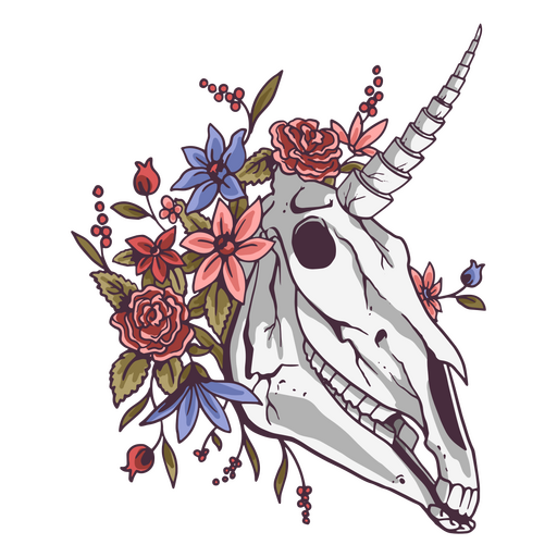 Detaillierter Einhornschädel mit Blumenarrangement PNG-Design