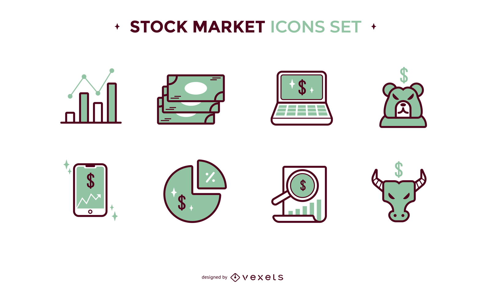 Ícones de traçado de cor de ações e finanças