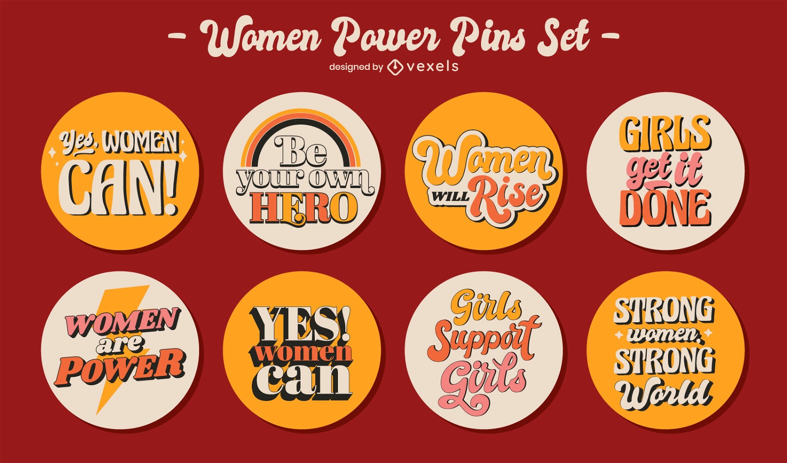Feminist retro lettering pins set