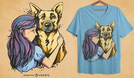 Diseño de camiseta de niña y perro pastor alemán.