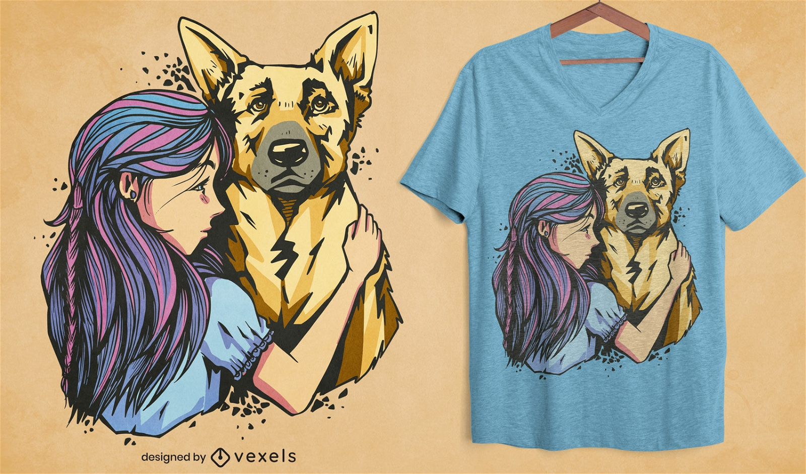 Design de t-shirt de menina e cão pastor alemão