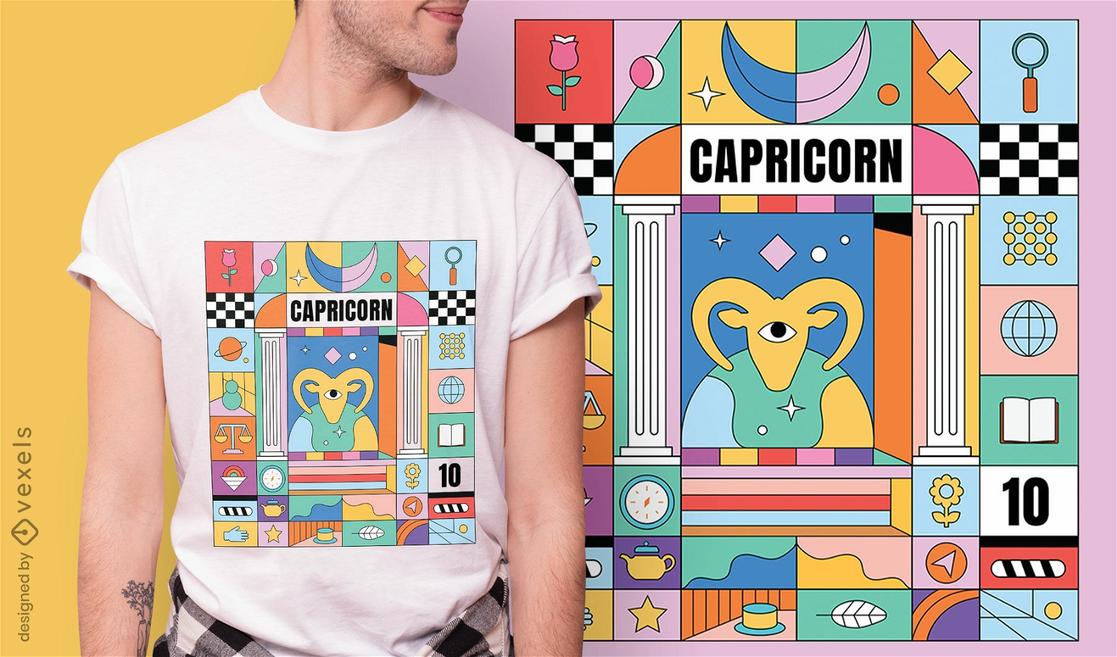 Design de camiseta colorida com o signo do zodíaco Capricórnio