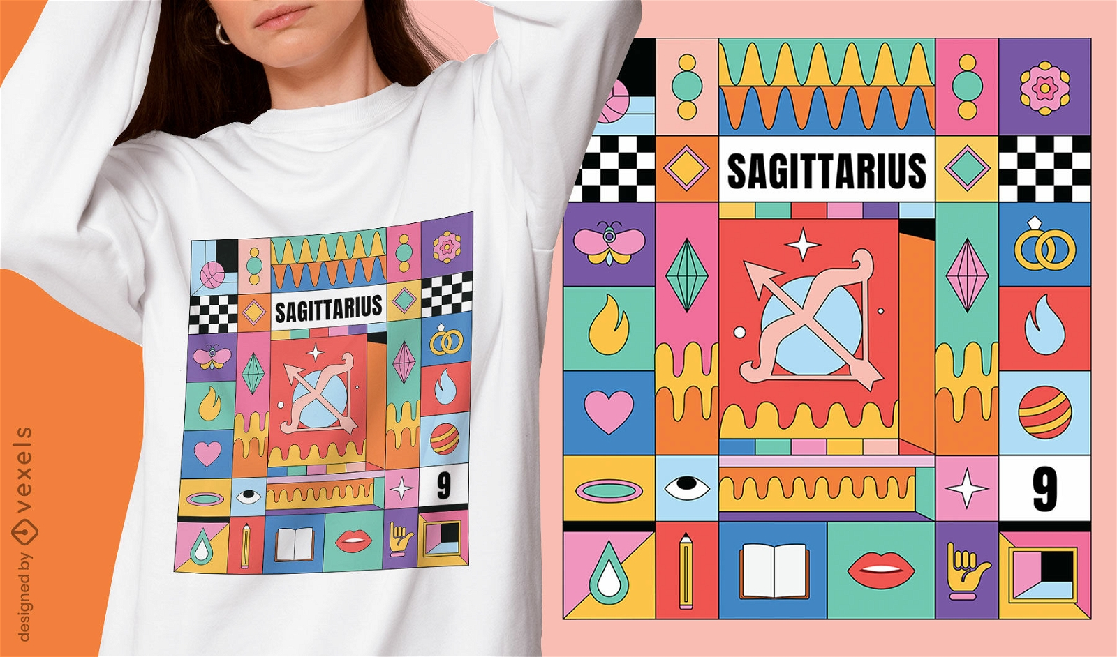 Design de camiseta colorida com o signo do zodíaco de Sagitário