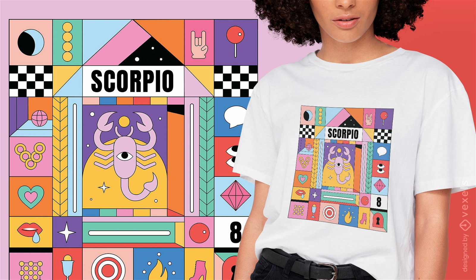 Design de camiseta colorida com o signo do zodíaco Escorpião