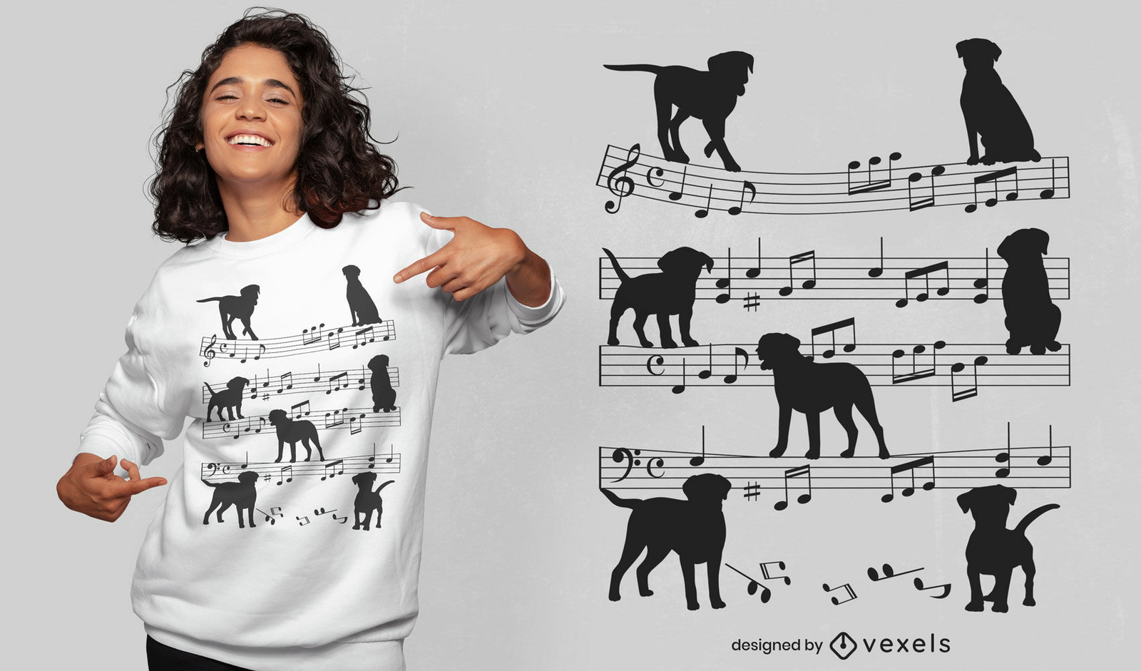 Perros en diseño de camiseta de hoja de notas musicales.