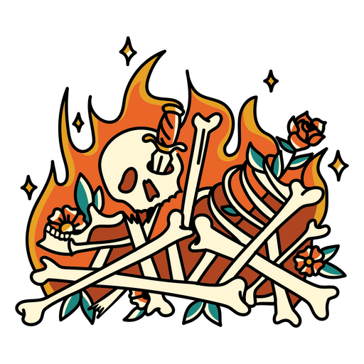 Floral skeleton on fire PNG Design