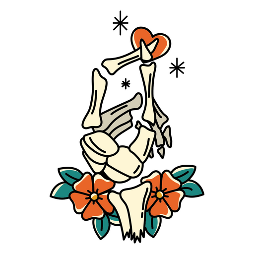 Signo de corazón japonés de mano de esqueleto floral Diseño PNG