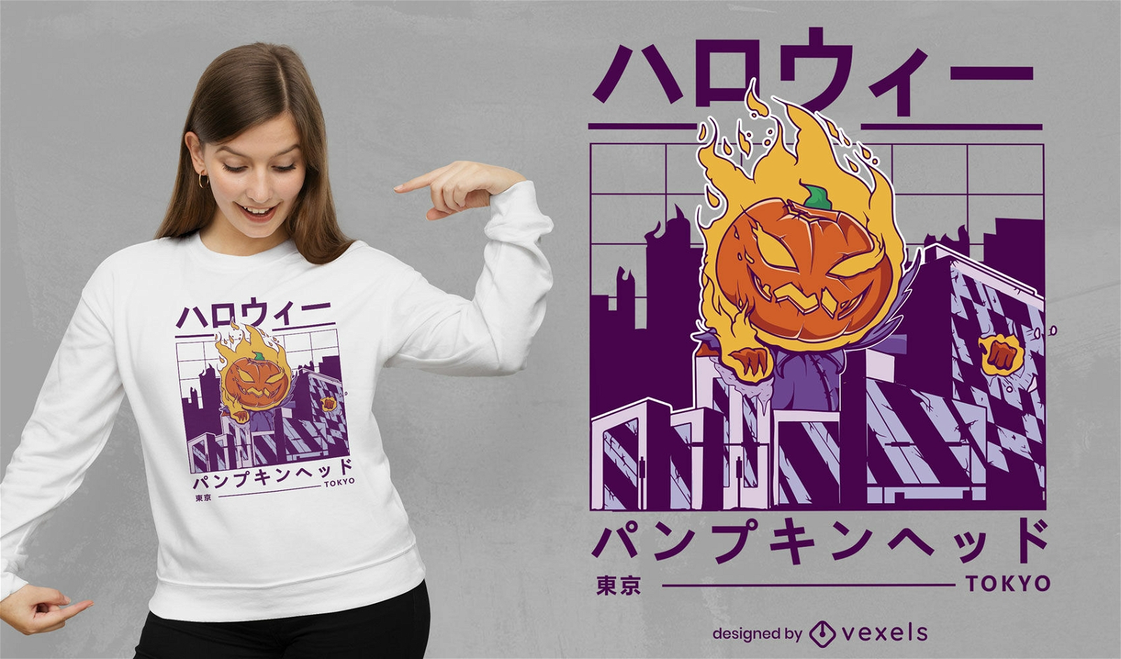Halloween pumpkin in vaporwave city t-shirt design