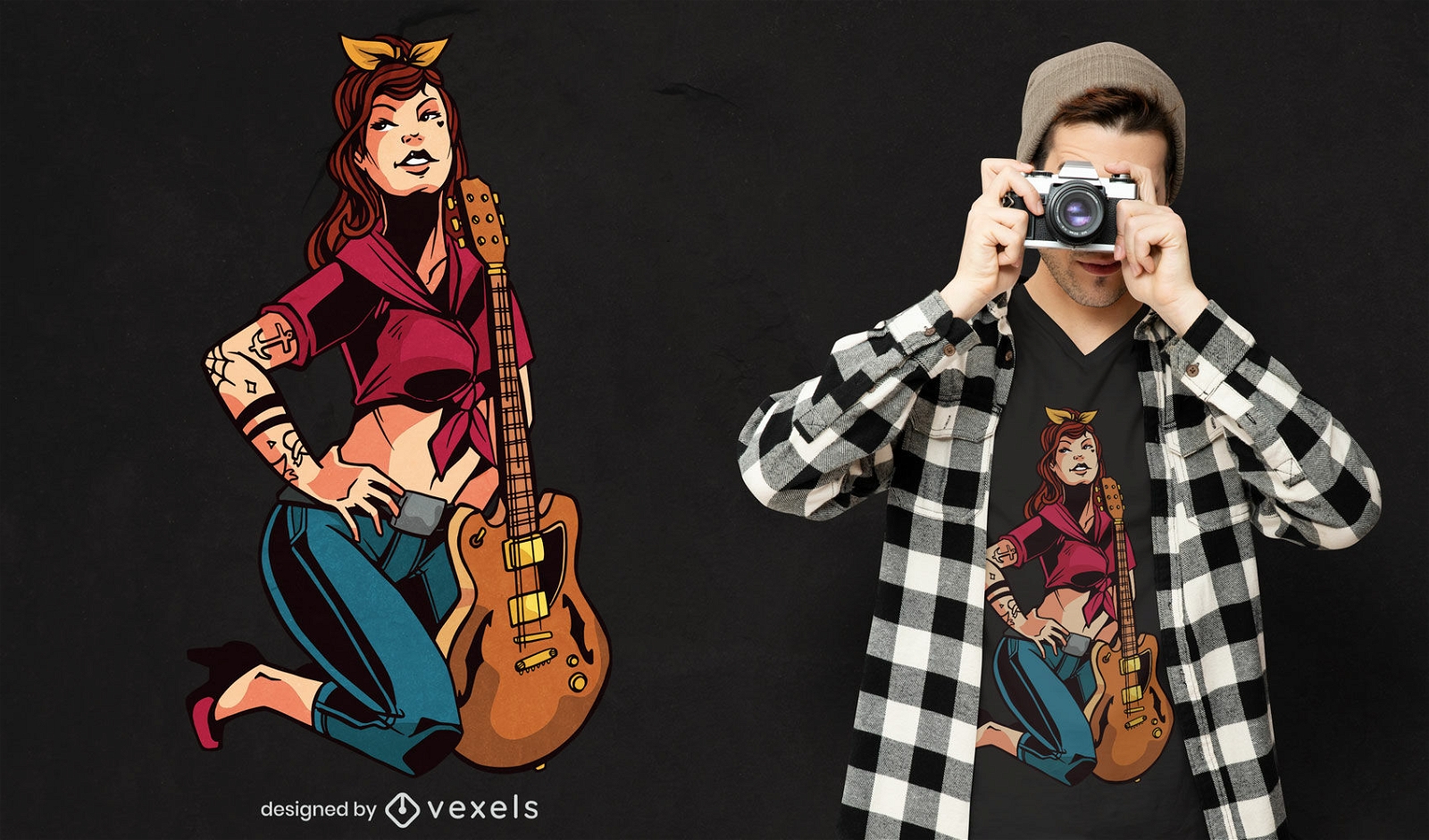 Garota pin up rockabilly com design de camiseta de guitarra