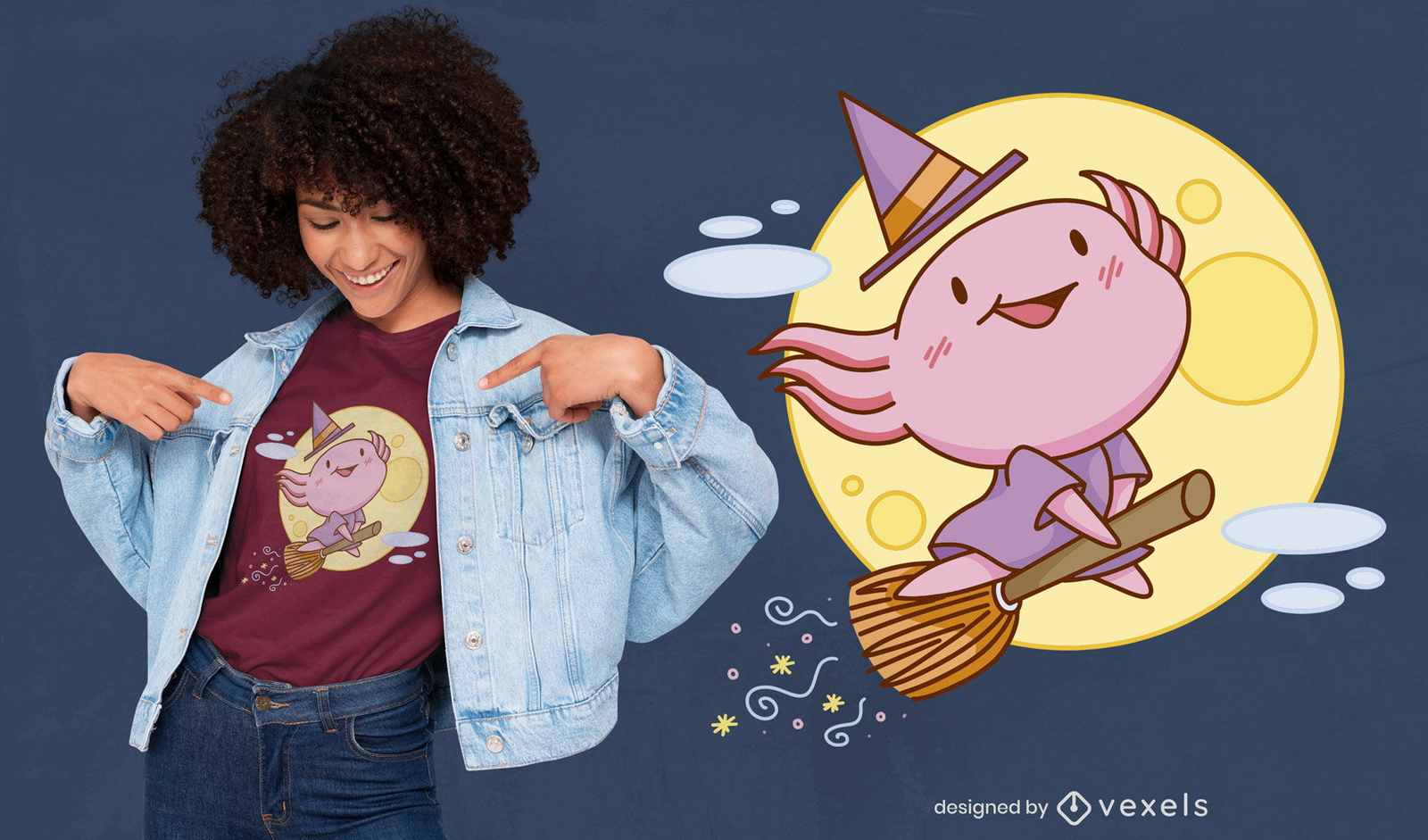 Diseño lindo de la camiseta de halloween de la bruja del axolotl