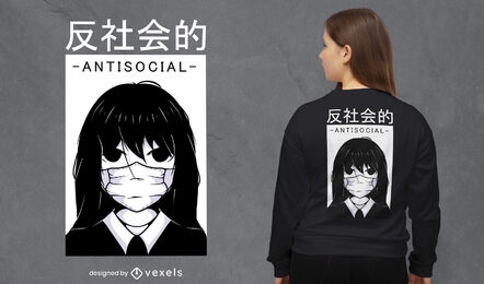 Diseño de camiseta de anime antisocial girl face mask