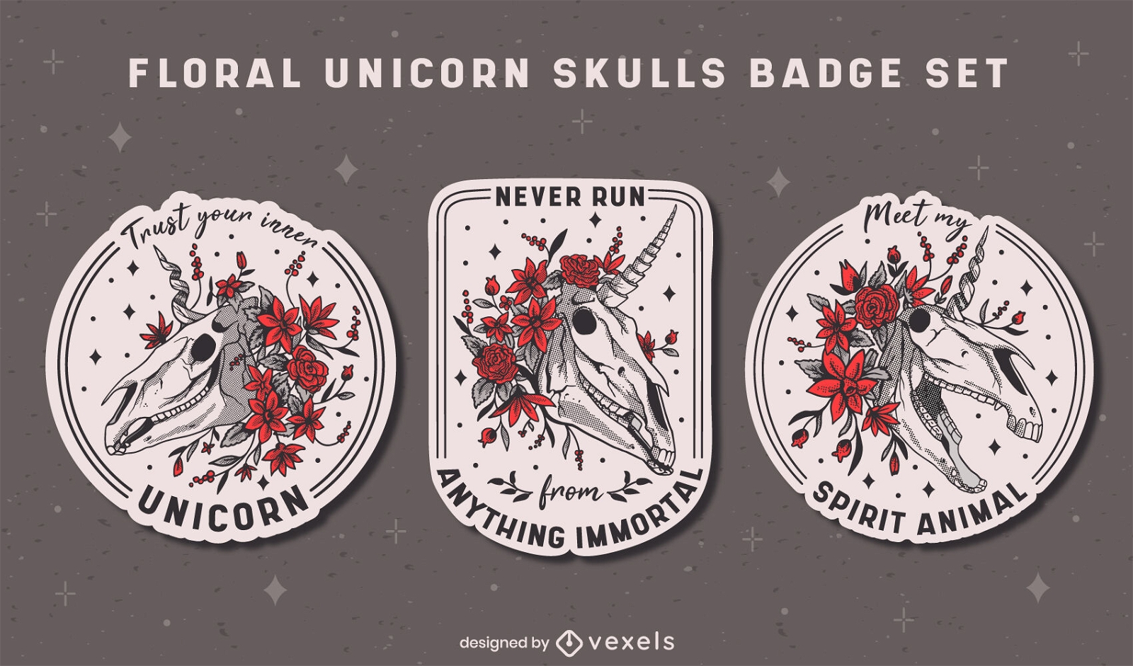 Floral unicorn creature skulls badges set