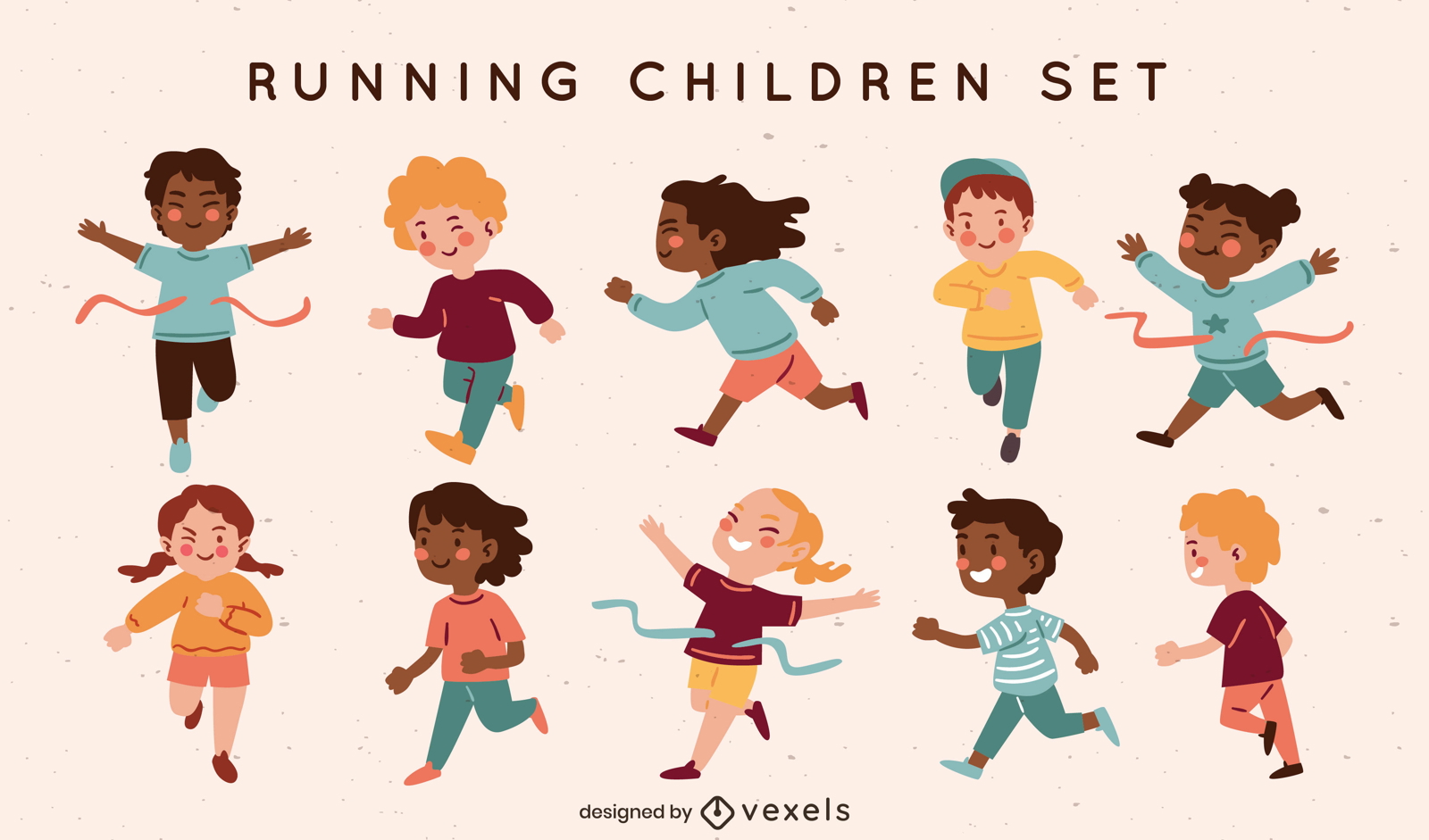 Happy children characters running flat set