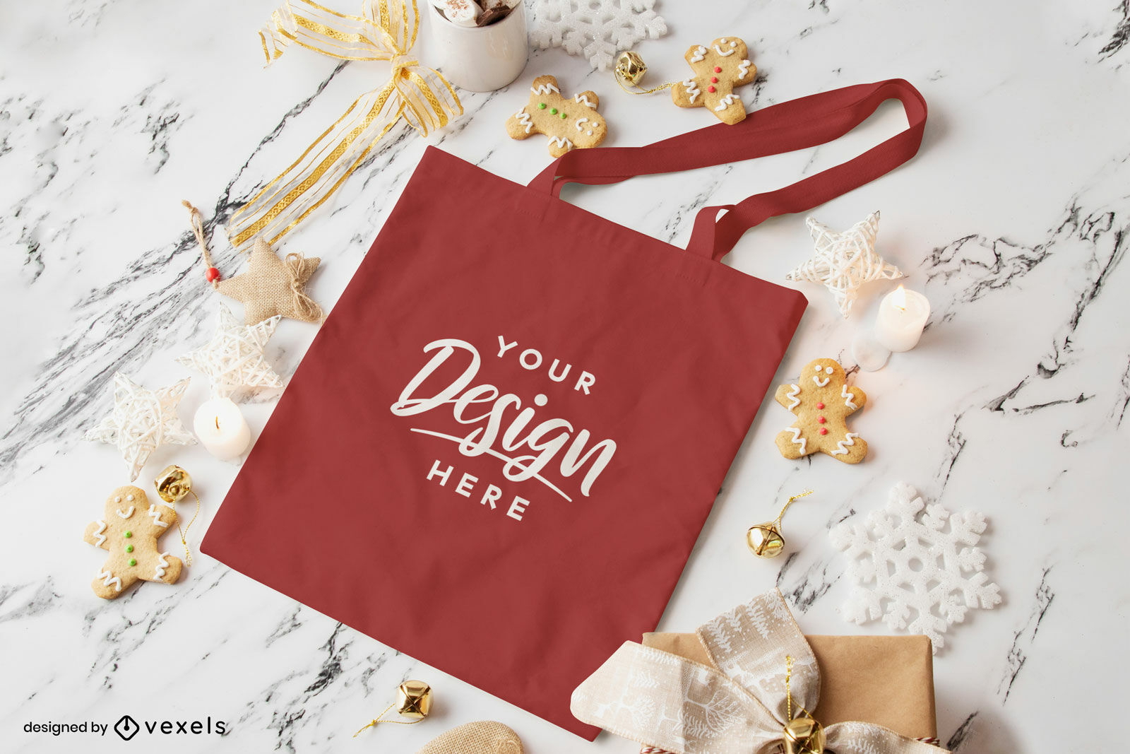 Red tote bag christmas mockup