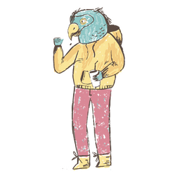 Personaje de pájaro vestido con capucha. Diseño PNG