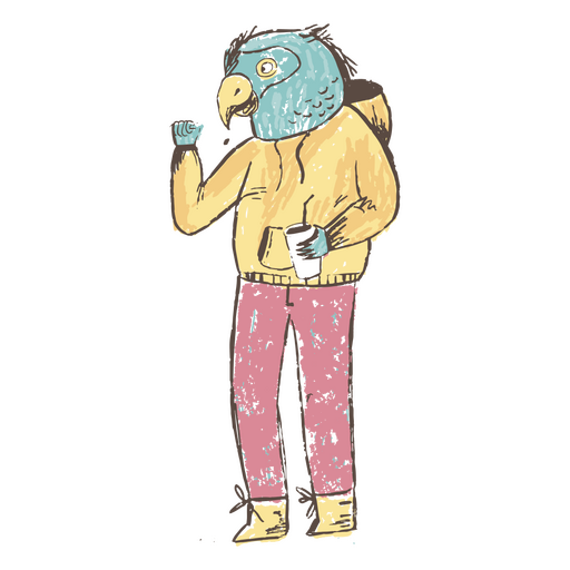 Personaje de p?jaro vestido con capucha. Diseño PNG