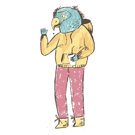 Personaje de pájaro vestido con capucha. Diseño PNG
