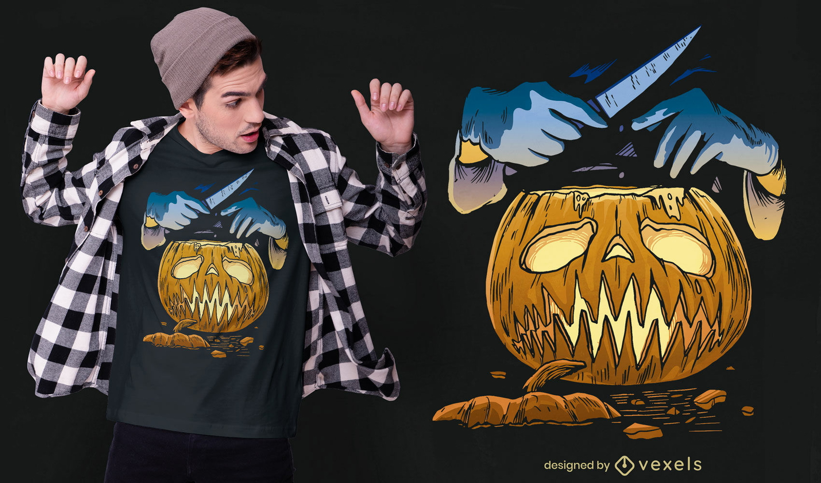 Abóbora de Halloween e t-shirt com mãos em faca