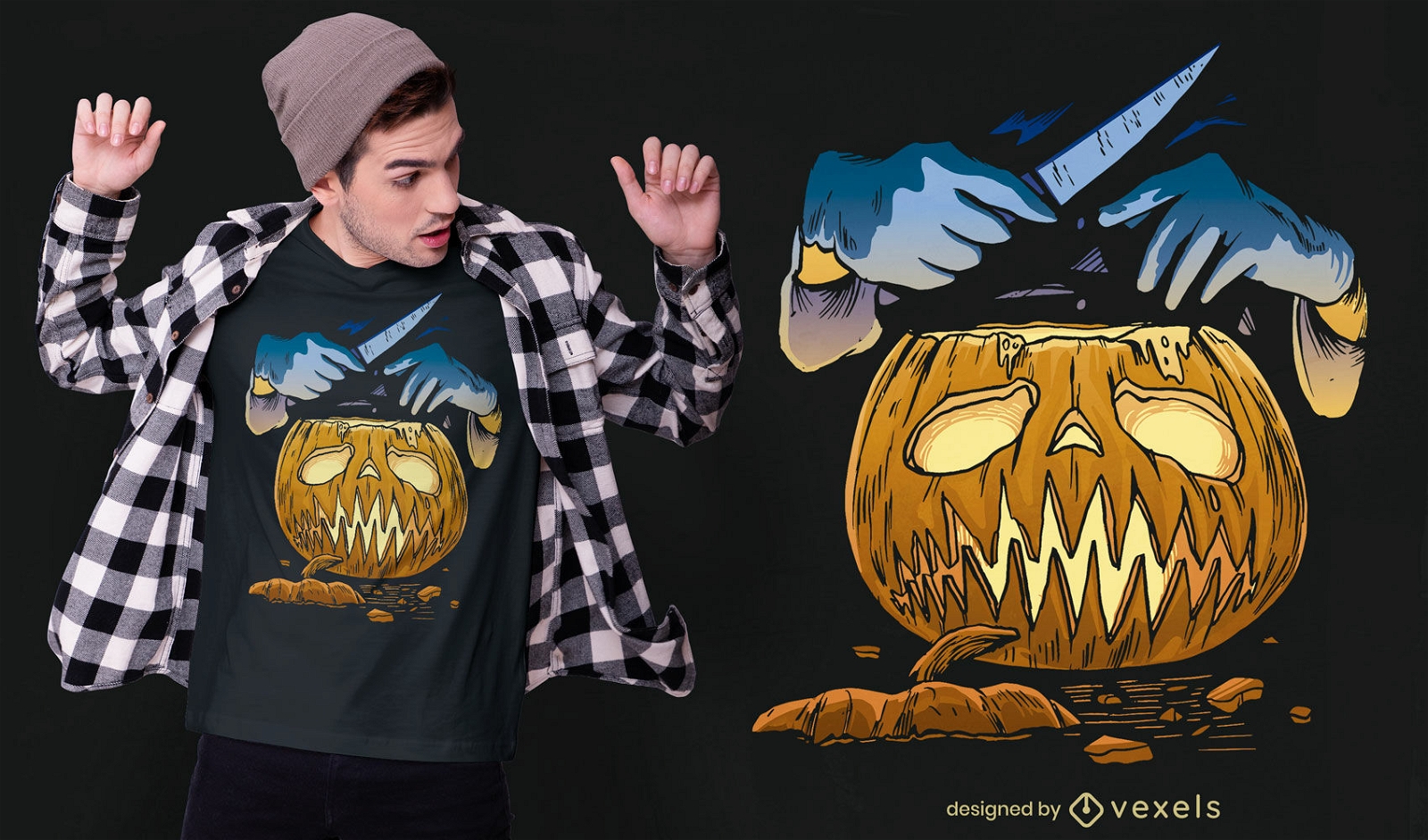 Diseño de camiseta de manos de calabaza y cuchillo de Halloween