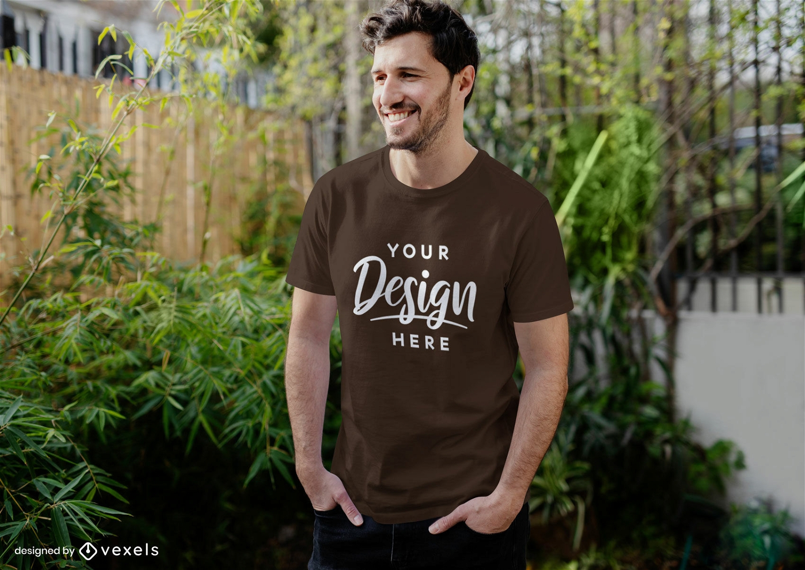 Brown t-shirt mockup man in a backyard