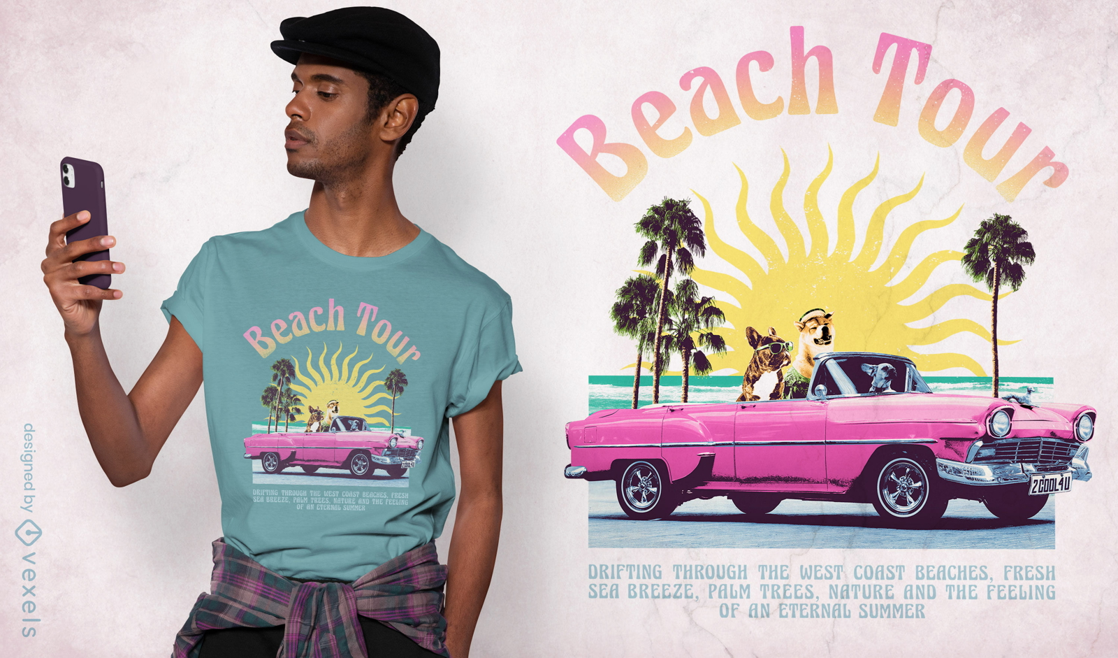 Diseño de camiseta psd de collage de viaje en coche de recorrido por la playa