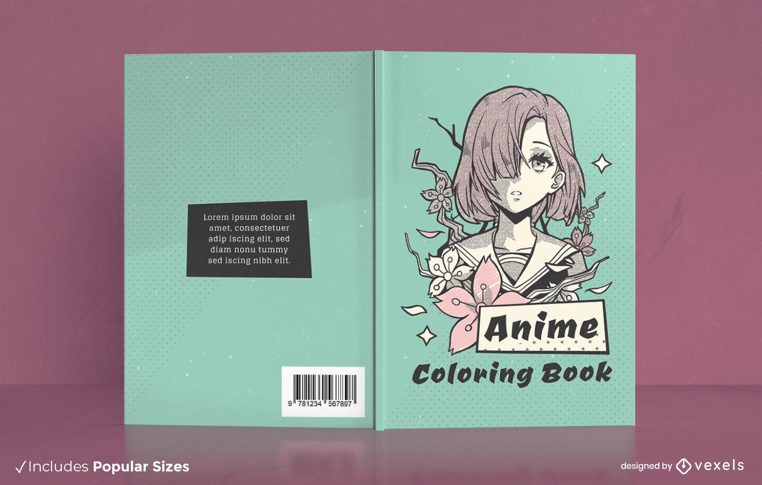 Diseño de portada de libro para colorear floral de anime girl